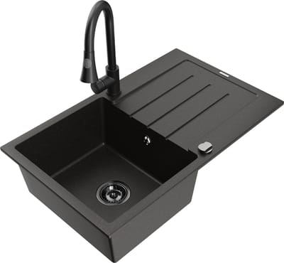 Mexen Bruno granieten gootsteen 1-komorige met afdruiprek en keukenmengkraan Elia, zwart/goud metallic - 6513-75-670101-70-B