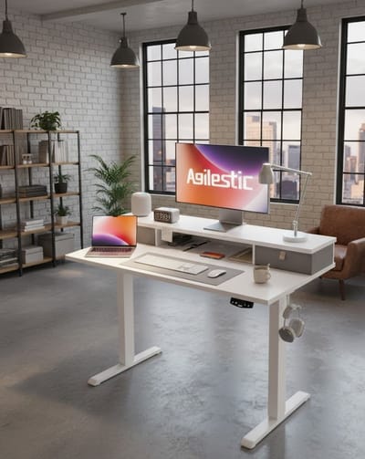 Elektrisch In Hoogte Verstelbaar Bureau met 2 Laden – Ergonomische Sta-Zittafel 100x60 cm – Wit – Robuust Industrieel Design – Computertafel met Anti-Botsing en Geheugentoetsen House&Garden