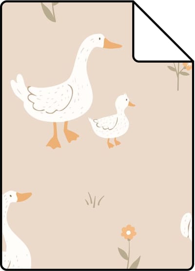 Proefstaal ESTAhome behang schattige ganzen beige en oranje - 26.5 x 21 cm - 131832-S