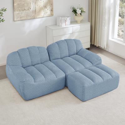 BLACKCOLORS Modulaire 2-zits L-vormige bank, Boneless-bank in schelpvorm, diepe zitkussens met 1 chaise longue, bank voor woonkamer, geen montage nodig, Blauw