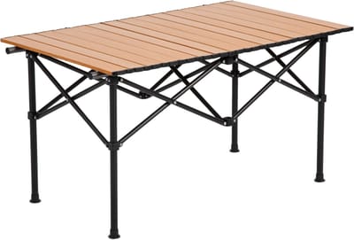 FOXSPORT Inklapbare Tafel - Campingtafel - Kampeertafel - Klaptafel - Buiten Vouwtafel - Tuintafel - Oprolbaar houten tafelblad - 4 Personen - Koolstofstaal - 90x53x48cm - Walnoot