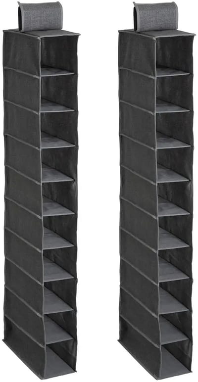 5Five kast organizer - 2x - hangend - 10 vakken - 30 x 15 x 120 cm - grijs - kleding opbergen - vakjes - kledingkast