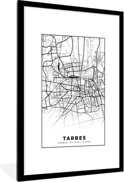 Fotolijst incl. Poster Zwart Wit- Kaart - Tarbes - Plattegrond - Frankrijk - Stadskaart - Zwart wit - 80x120 cm - Posterlijst