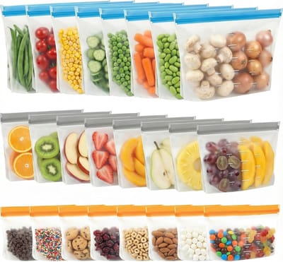 24 stuks herbruikbare vrieszakken, met staande bodem, herbruikbare vershoudzakken, vaatwasmachinebestendig en lekvrij voor levensmiddelen, snacks, maaltijdprep