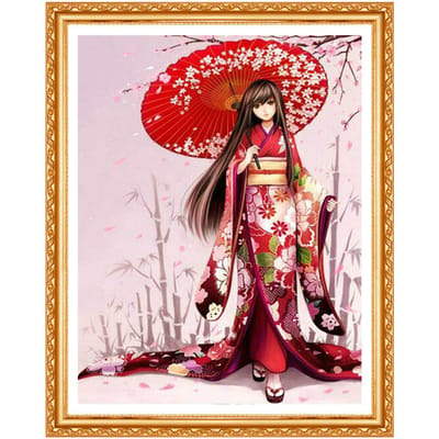 Peinture diamant pour fille, Kimono, bricolage, dessin animé, point de croix, perceuse ronde complète, broderie, décor de maison 20X30CM red