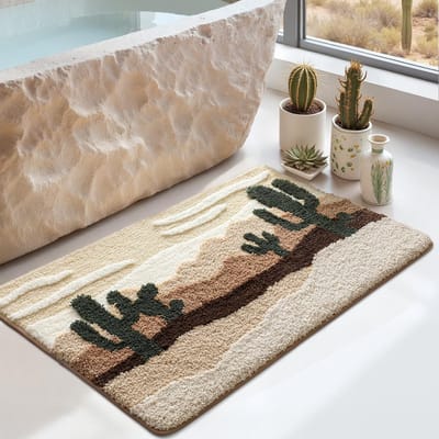 Zachte en Absorberende Badmat 50 x 80 cm, Antislip Badkamer Mat voor Douchevloer en Badkuip, Beige Cactus