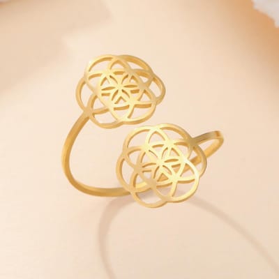 Likgreat Holle Bloem van het Leven Heilige Geometrie Verstelbare Ring Voor Vrouwen Roestvrij Staal Vintage Chakra Mandala Sieraden Cadeau Nieuw resizable beige