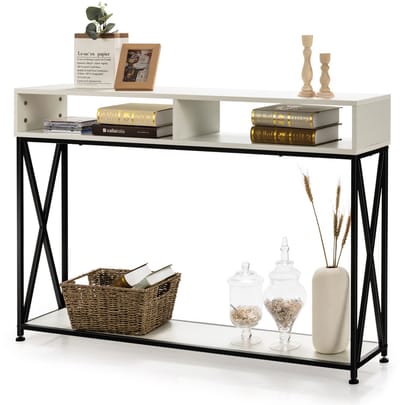 COSTWAY 2 Lagen consoletafel, gangtafel entreetafel met open plank & opbergcompartimenten, stevige stalen frame, verstelbare voeten, anti-kantelen ontwerp, compacte industriële bijzettafel voor woonkamer/entree/gang, 120 x 23 x 79 cm