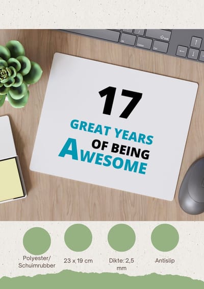 Akyol - 17 great years of being awesome Muismat - Hoera 17 jaar - iemand die 17 jaar is geworden - verjaardagscadeau - verjaardag - cadeau - kado - geschenk - gift - goeie jaren - 23 bij 19 cm