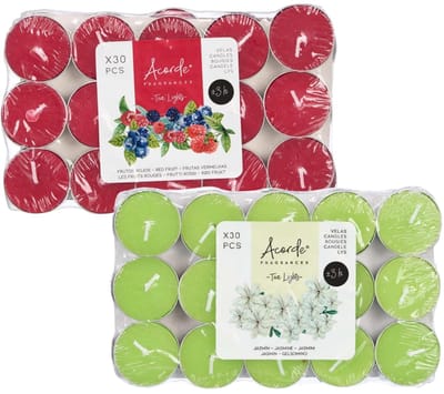 Acorde theelichtjes - 60x - 30x rode vruchten - 30x jasmijn - aroma/geurkaarsen