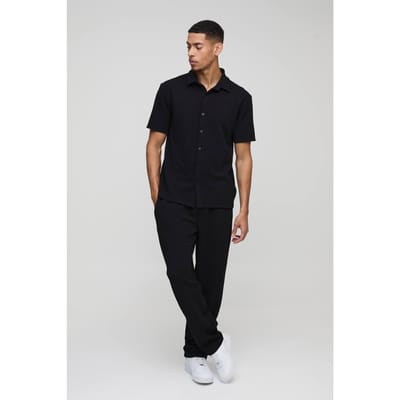 Short Sleeve Jersey Herringbone Shirt & Trouser Set | Black | Size XS
