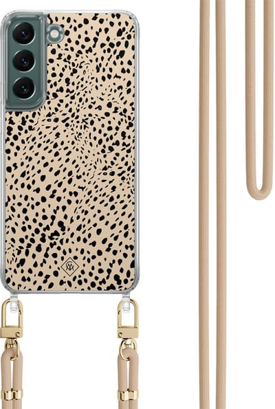 Casimoda® hoesje met beige koord - Geschikt voor Samsung S22 Plus - Stippen bruin abstract - Afneembaar koord - TPU/polycarbonaat - Bruin/beige