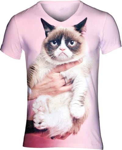 Grumpycat roze Festival shirt - Maat: M - V-hals - Feestkleding - Festival Outfit - Fout Feest - T-shirt voor festivals - Rave party kleding - Rave outfit - Kattenshirt - Nineties