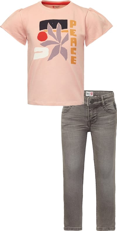Noppies - Kledingset - 2 delig - Meisjes - Jeans Ash Grey Guanggyan - Shirt Gumi Rose Smoke - Maat 122