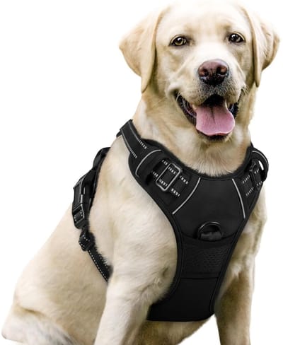 TOVBMUP Hondentuigje geschikt voor middelgrote honden - Met controle - Geschikt voor grote honden - Verstelbaar - Anti-trek - Ademend tuigje met reflecterende strips - Veiligheidslijn - Zwart - L