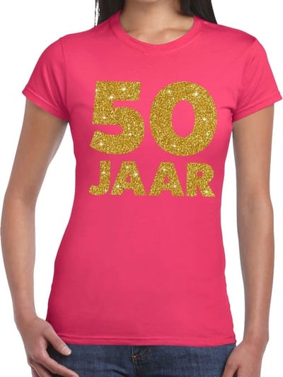 50 jaar verjaardag t-shirt - roze - voor dames - gouden glitter print - jubileum XS