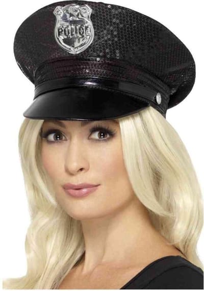 Smiffys Politie pet - zwart - pailletten - dames - politiepetje - agent - politie - verkleedaccessoires - Carnaval