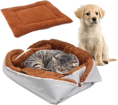 Famanu – 2-in-1 kattenbed, huisdierbed pluche, zacht kattenkussen, wollig kattenbed, wasbaar, kattenbank voor kleine honden en katten, zilver-koffiekl