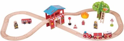 Bigjigs Houten Trein Brandweer Station Set - Compatibel met alle houten treinen