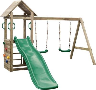 Houten Speeltoestel Maria (SwingKing) | Speeltoren met Glijbaan en Dubbele Schommel voor Buiten in de Tuin | FSC Hout - Glijbaan Groen
