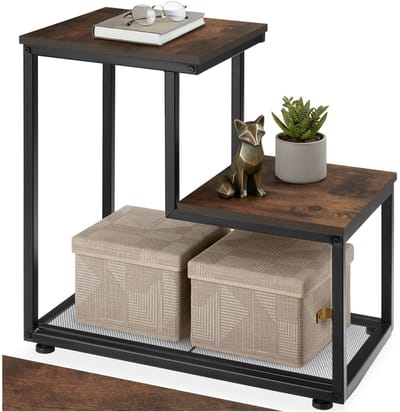 tectake® Bijzettafel met 2 planken en roosterplank - Nachtkastje in industrieel design - Voor woonkamer, slaapkamer, kantoor, hal - Eenvoudige montage - Zwart metalen frame - Afmeting (LxBxH) 60,5 x 35,5 x 60,5 cm - Donkerbruin
