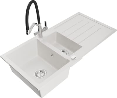 Mexen Andres granieten gootsteen 1,5-kamer met afdruiprek en keukenkraan Duo, wit - 6515-20-671701-07