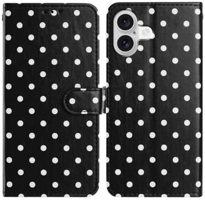 Hoesje Geschikt voor Apple iPhone 16 | Polka Dot Wallet Book Case | Portemonnee Hoesje | 3 Pasjes | Magneetsluiting | Stand Functie | Zwart