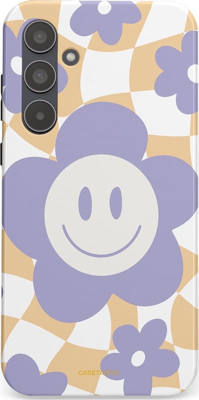 Casetastic hoesje geschikt voor Samsung Galaxy A55 - Dubbellaagse bescherming - Madeliefjes magie - Fashion Case - Lila Wit Zand Lichtgrijs