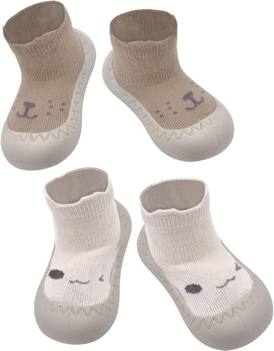 2 Pairs Schattige Baby Sokken Schoenen, Antislip Cartoon Gebreide Vloerschoenen voor Baby's, Ideaal voor Kruidende Kinderen, Wit, Maat 21 EU