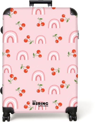 NoBoringSuitcases.com® - Koffer groot - Reiskoffer lichtgewicht - Roze met regenboog en kersen patroon - Rolkoffer met 4 wielen - Grote trolley XL - 98 liter bagage