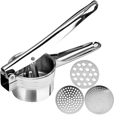 Dailygoods- Aardappelstamper roestvrij staal - Handmatige Pureestamper - Aardappelpers - 3 verwisselbare schijven - Fijn/medium/grof - Voor groenten en babyvoeding