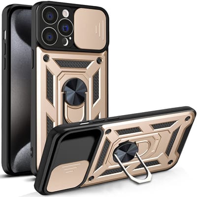 Hoesje geschikt voor iPhone 15 Pro met Ringhouder en Camera schuifje – Goud