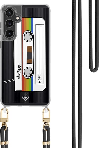 Casimoda® hoesje met koord - Geschikt voor Samsung S24 FE - Cassette Mixtape - Afneembaar koord - TPU/polycarbonaat - Zwart