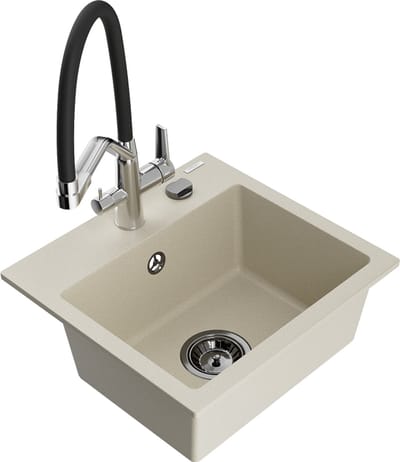 Mexen Milo granieten spoelbak 1-kompartment met keukenmengkraan Duo, beige - 6505-69-671701-07-B