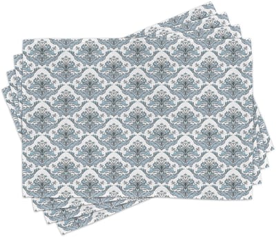 ABAKUHAUS Winter-placematten, klassieke bloemdamast, tafeldecoratie van kleurvaste stof voor eetkamer en keuken, Grijs, Lichtblauw en Wit
