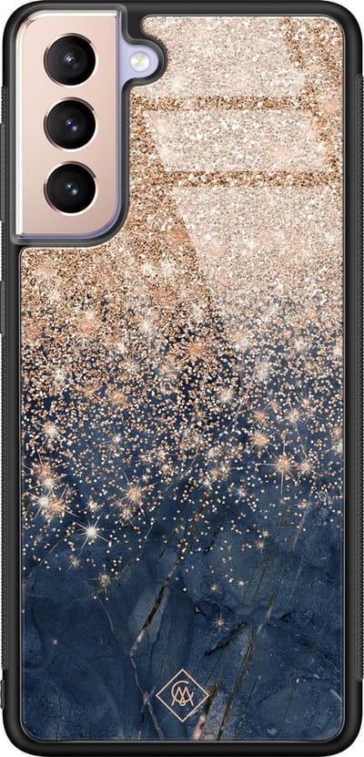 Casimoda® hoesje - Geschikt voor Samsung Galaxy S21 - Marmer Blauw Rosegoud - Luxe Hard Case Zwart - Backcover telefoonhoesje - Multi