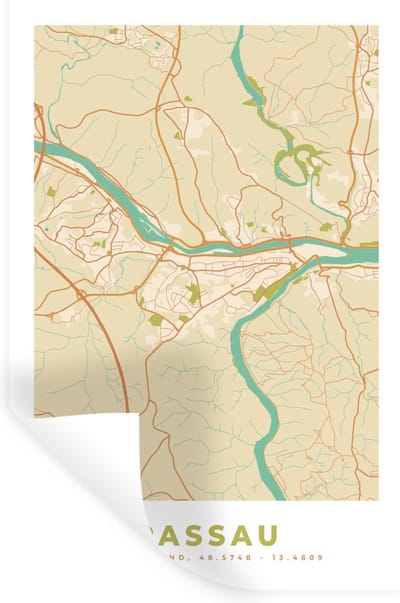 Muurstickers - Sticker Folie - Vintage - Passau - Stadskaart - Plattegrond - Kaart - 20x30 cm - Plakfolie - Muurstickers Kinderkamer - Zelfklevend Behang - Zelfklevend behangpapier - Stickerfolie