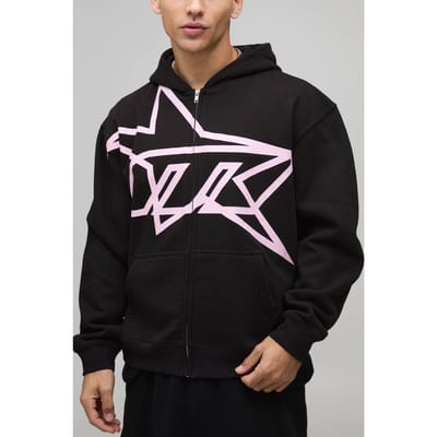 Oversized Boxy Hoodie met sterrenprint en ritssluiting | Black | Size Small