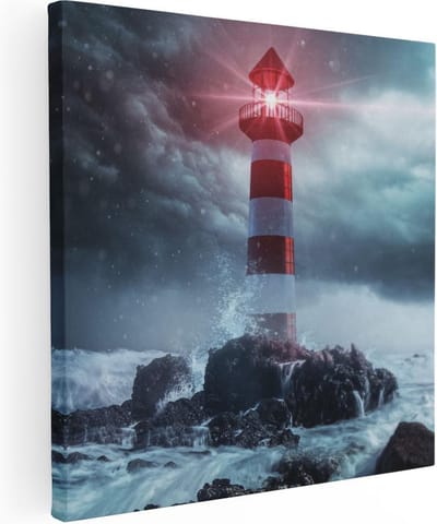 Artaza Canvas Schilderij Zeezicht - 30x30 cm - Klein - Muurdecoratie Vuurtoren - Wanddecoratie Storm - Kamer Accessoires