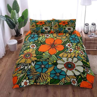 Parure de lit avec housse de couette et taies d'oreiller style rétro vintage des années 70, pour lit king-size, queen-size, double, double, double, simple 140x210