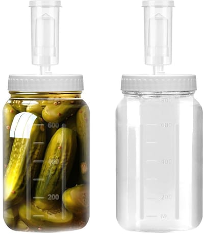 Dailygoods- Fermenteerglas 2 x 1 l - Fermentatieset met Ventiel - Brede Mond - Voedselveilig Glas - Ideaal voor Kimchi en Groenten - Duidelijke Meetschaal - Fermentatiepot