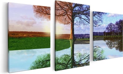 Artaza Canvas Schilderij Drieluik Vier Seizoenen Boom - 120x60 cm - Wanddecoratie Woonkamer - Schilderijen - Muurdecoratie