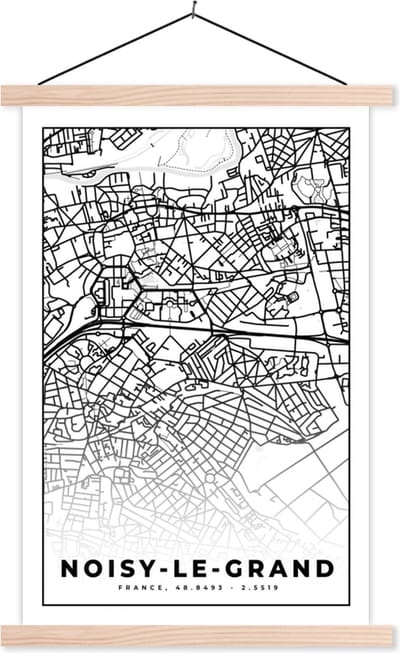 Posterhanger incl. Poster 40x60 cm - Schoolplaat - Stadskaart - Plattegrond - Kaart - Noisy-le-Grand - Frankrijk - Zwart wit - Textielposter - Blanke latten - Stadskaart