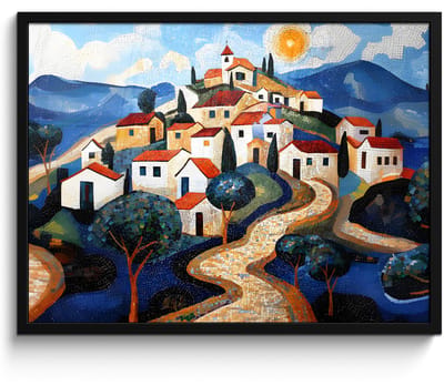 Poster in lijst - Fotolijst 70x50 cm - Posters - Dorp - Heuvelachtig - Zon - Mozaïek - Posterlijst zwart - Decoratie - Wanddecoratie woonkamer - Muurdecoratie slaapkamer