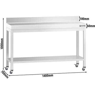 GGM Gastro Edelstahl Arbeitstisch PREMIUM - 1400x700mm - mit Grundboden, Aufkantung & Rollen