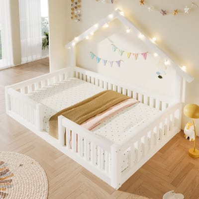 Kinderbed 90x200 cm - Huisbed - Eenpersoonsbed - Vloerbed - Boomhut Stijl - Met LED Lichtslinger - Met valbeveiliging - Wit