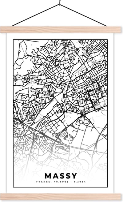 Posterhanger incl. Poster 40x60 cm - Schoolplaat - Kaart - Stadskaart - Massy - Frankrijk - Plattegrond - Zwart wit - Textielposter - Blanke latten - Stadskaart