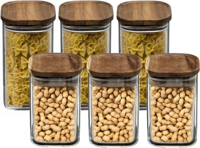 Secret de Gourmet Keuken voorraadbussen - glas hout - set 6x - 0.9 en 1.6 Liter - hermetisch - vaatwasserbestendig