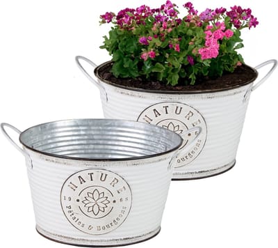 Sunnydays Teil/plantenpot/bloempot - 2x - zink - rond - ivoorwit - D22 x H12 cm