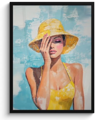 Poster in lijst - Fotolijst 50x70 cm - Posters - Schilderij - Vrouw - Hoed - Geel - Posterlijst zwart - Decoratie - Wanddecoratie woonkamer - Muurdecoratie slaapkamer
